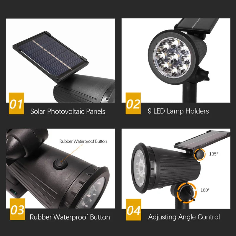 9 LEDs Solar Spotlights Waterproof IP65 Adjustable Brightness